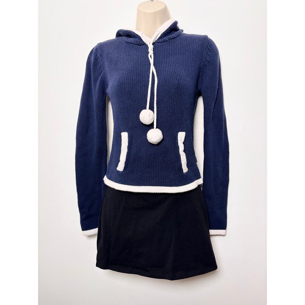Vtg Y2K Tommy Hilfiger Navy Cream Pom Pom Hoodie Contrast Stitch Size S